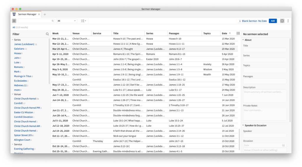 The Logos 9 sermon manager lets you organise all your sermons using the carefully created metadata you have added